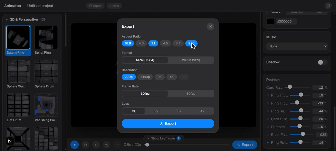 The export dialog in the Animatoa editor, with three aspect ratios selected at once